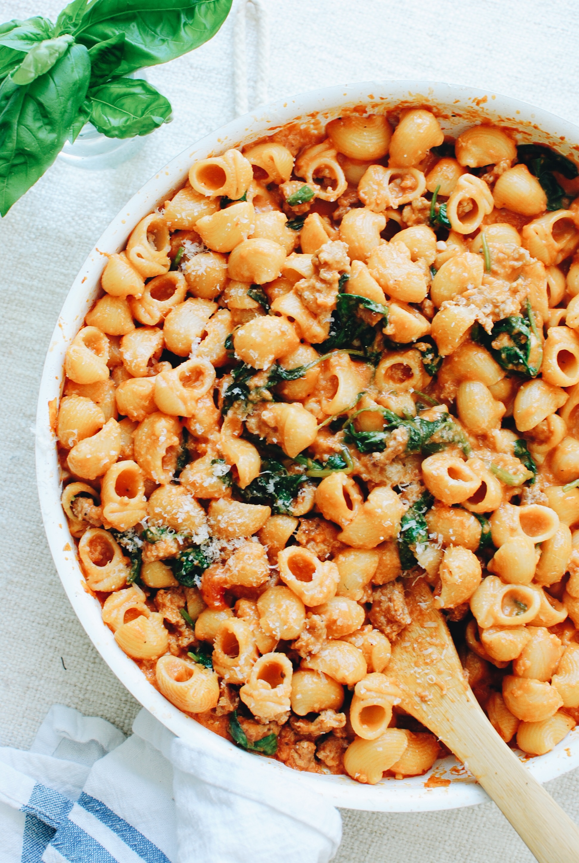 Creamy Tomato Shellbows with Sausage and Spinach / Bev Cooks