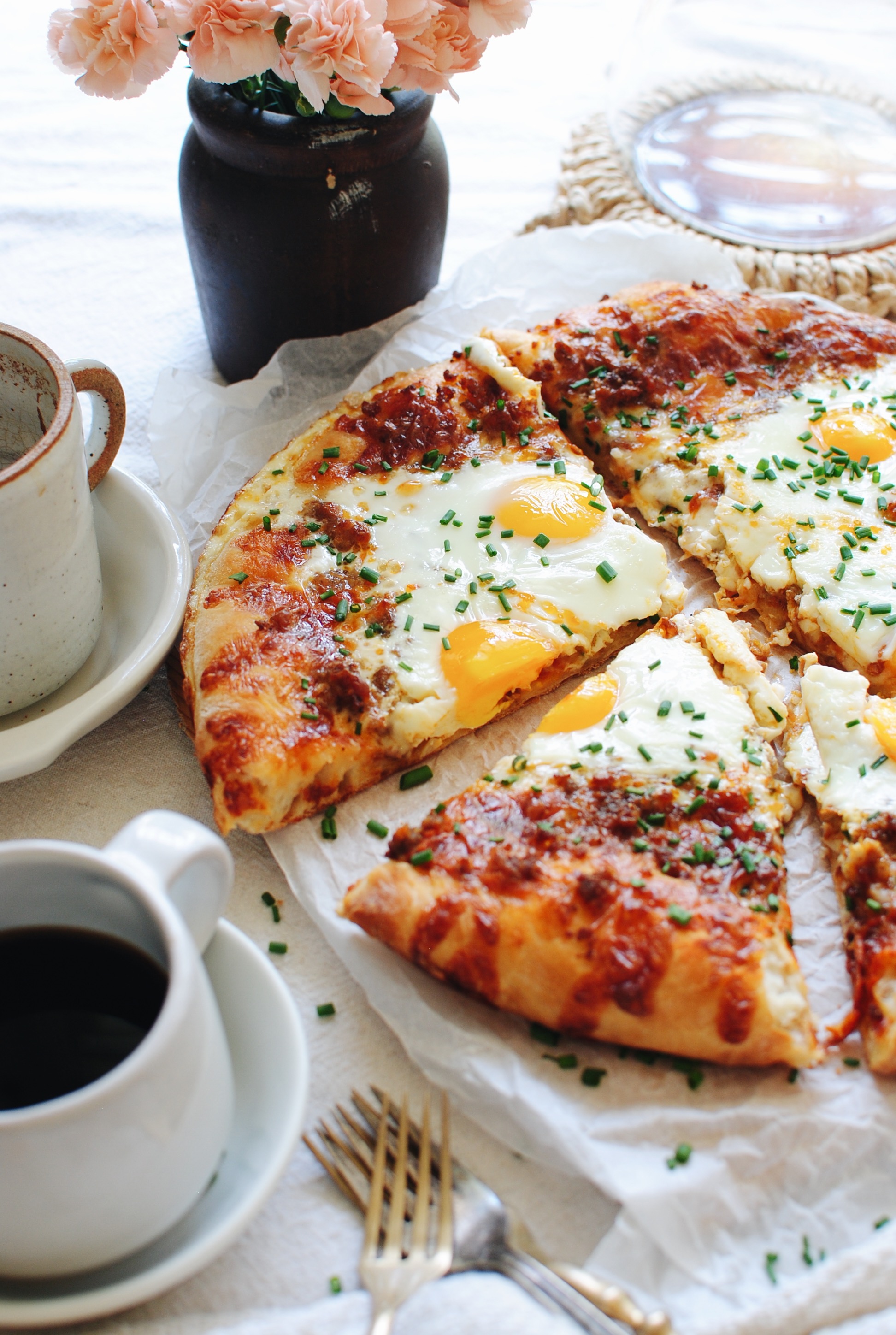 Breakfast Pizza with Sausage and Eggs / Bev Cooks