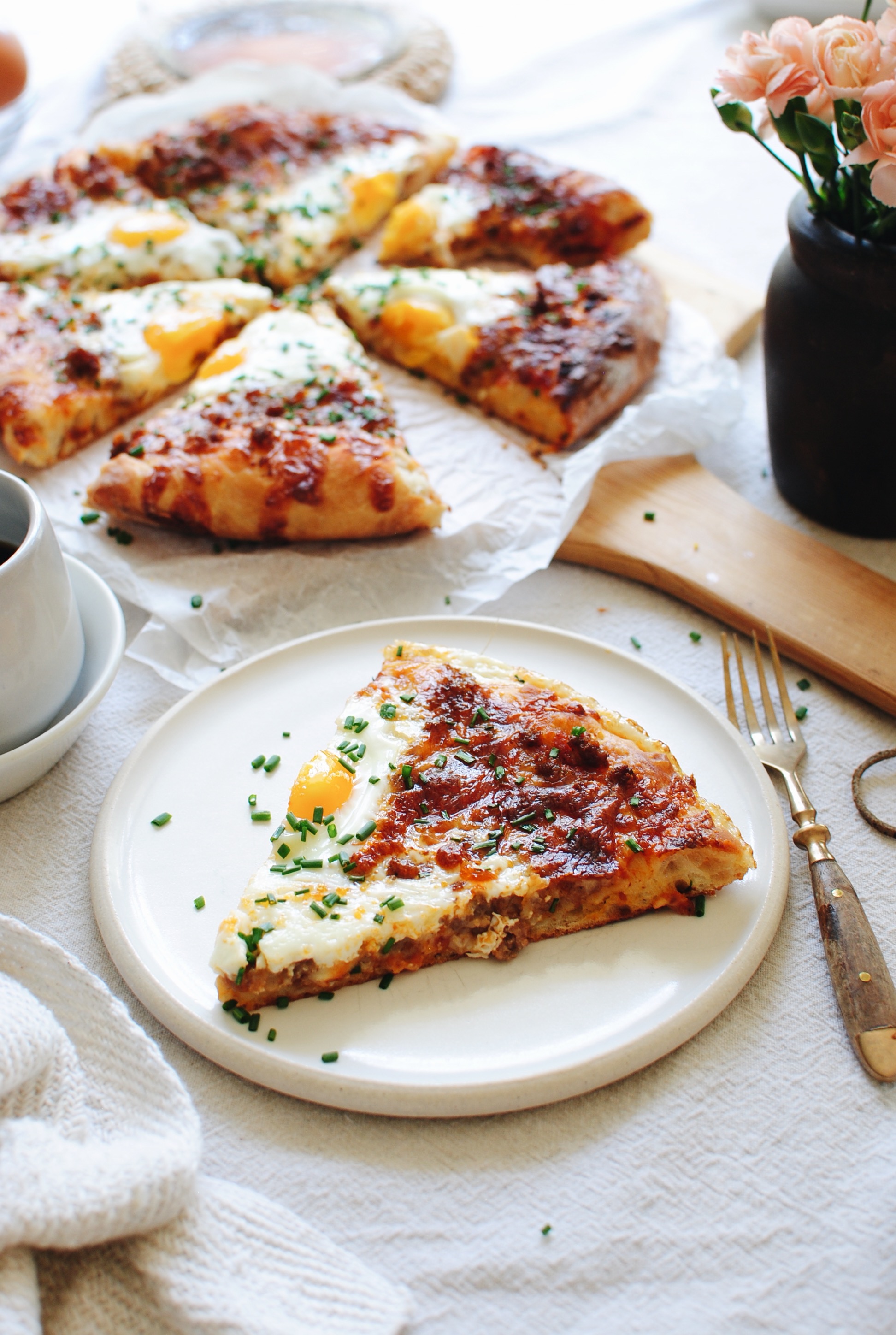 Breakfast Pizza with Sausage and Eggs / Bev Cooks