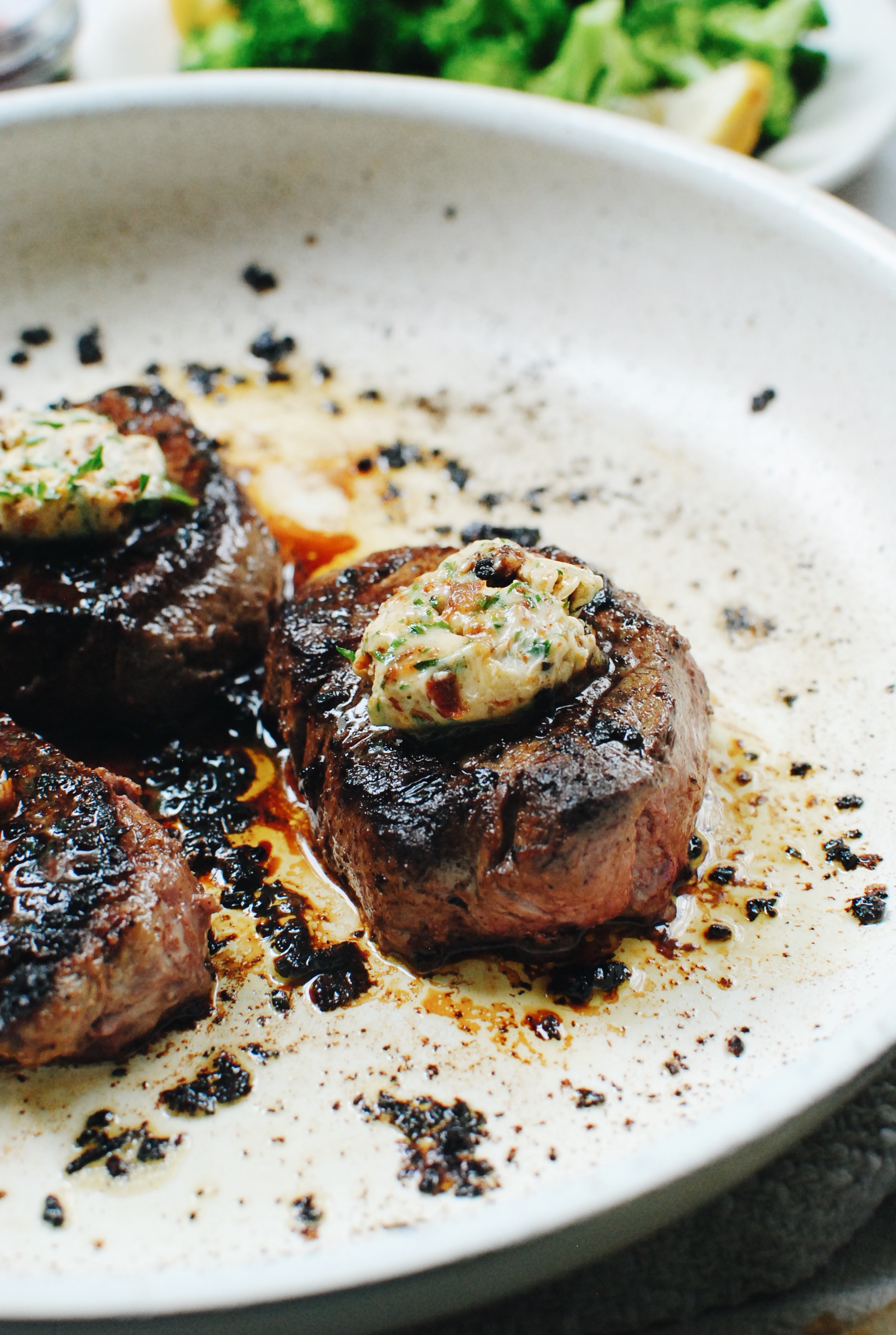 Seared Filet Mignons with a Sun-Dried Tomato Butter / Bev Cooks