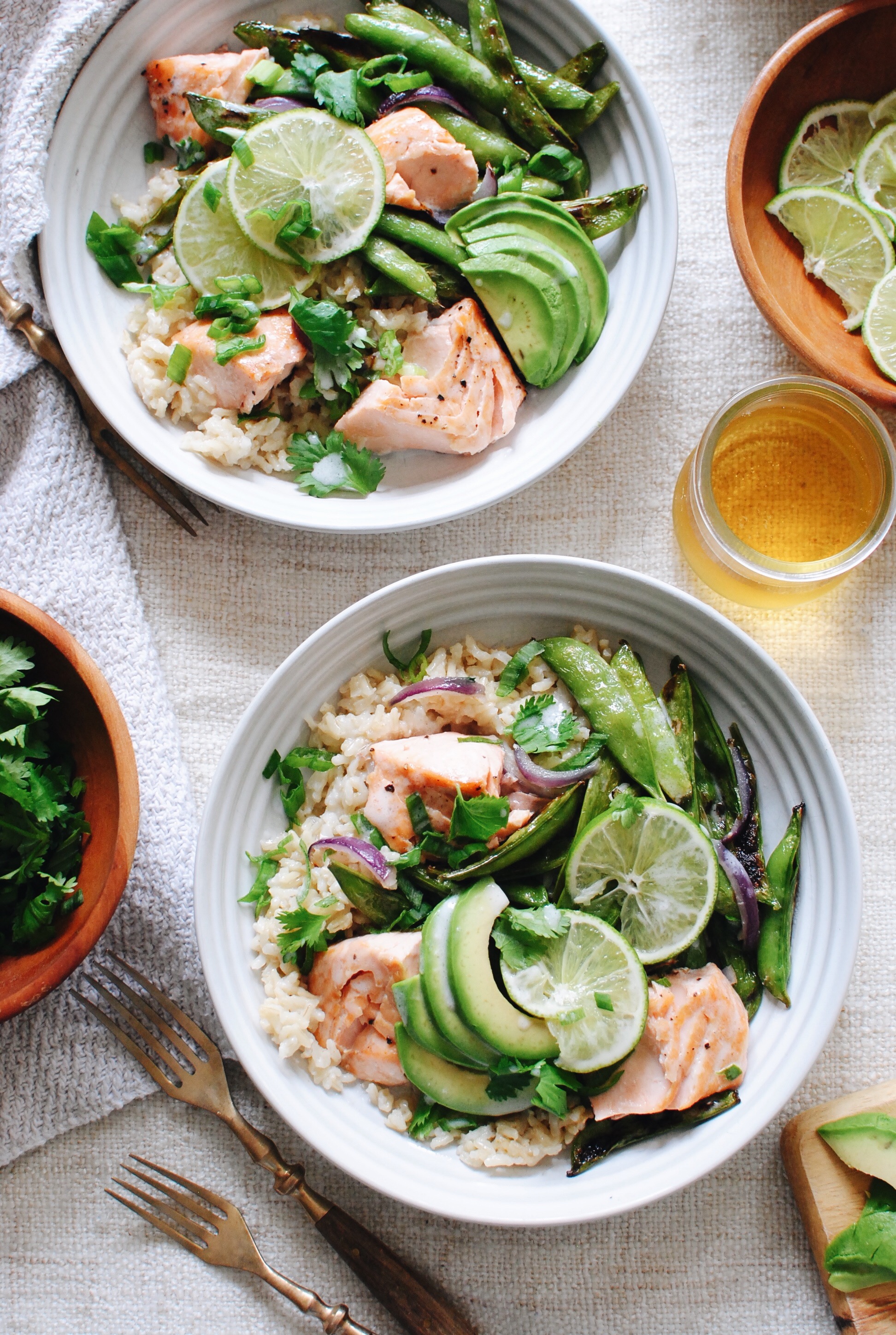 Coconut Salmon Rice Bowls with Sugar Snap Peas / Bev Cooks