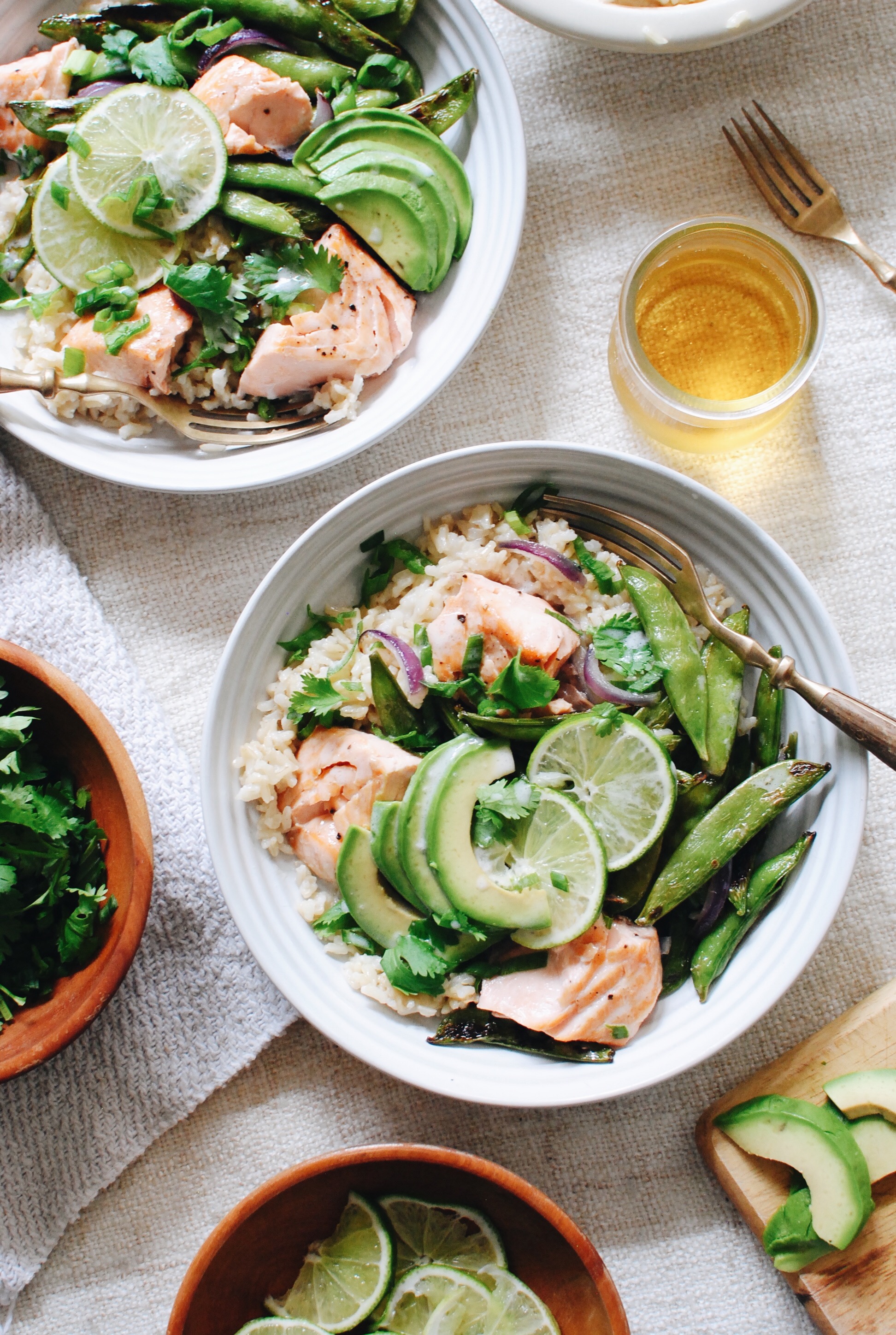 Coconut Salmon Rice Bowls with Sugar Snap Peas / Bev Cooks