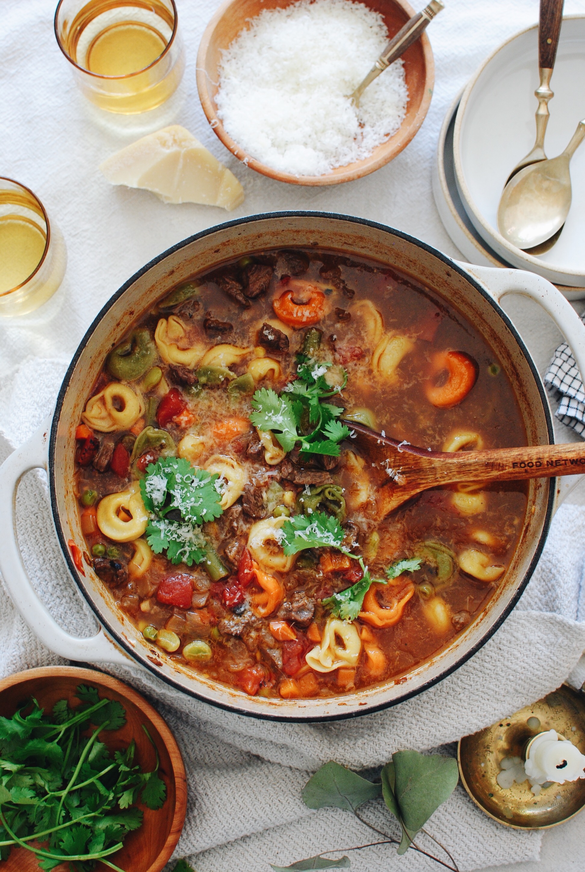 Tortellini Soup with Steak and Veggies / Bev Cooks