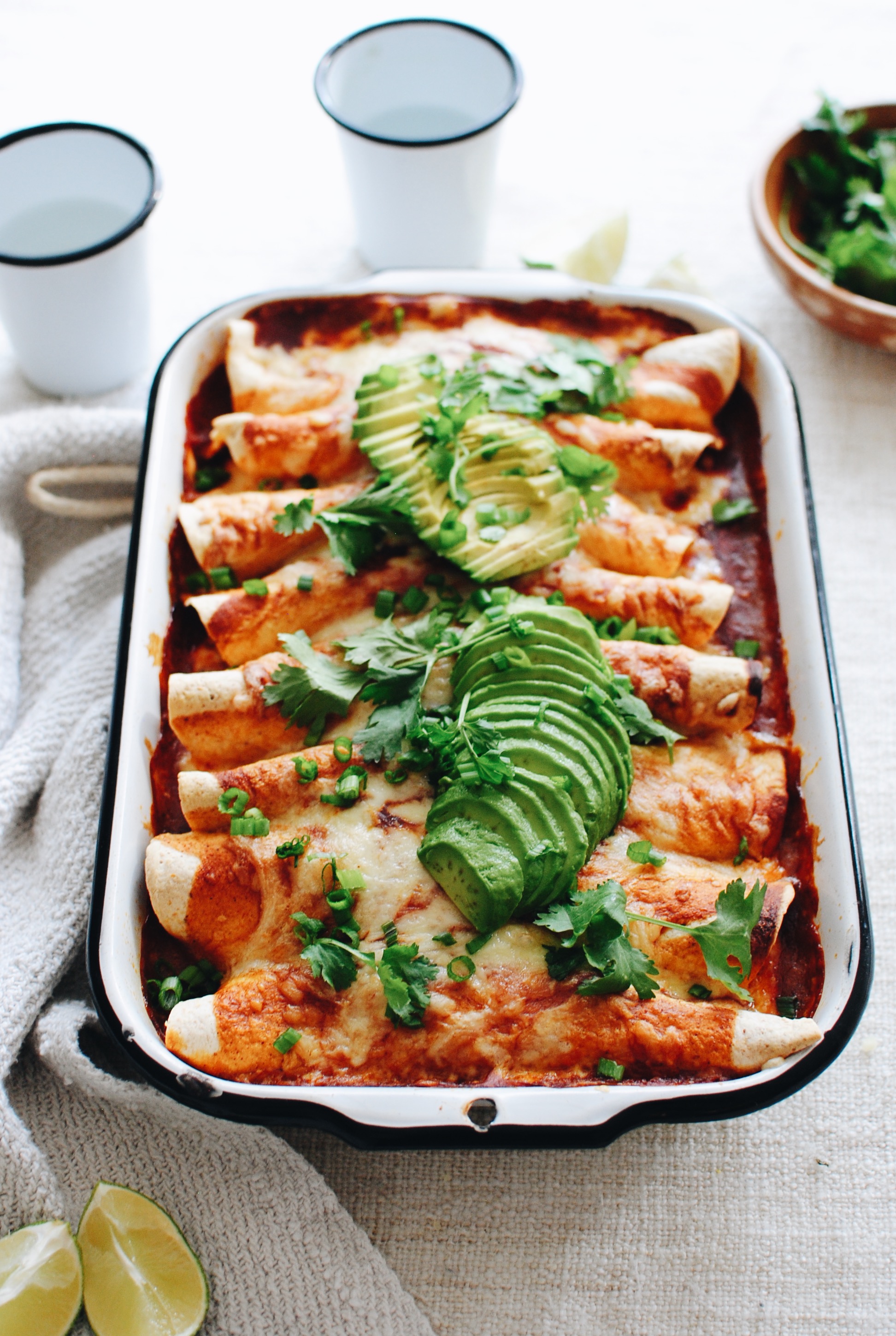 Shredded Pork and Hominy Enchiladas / Bev Cooks