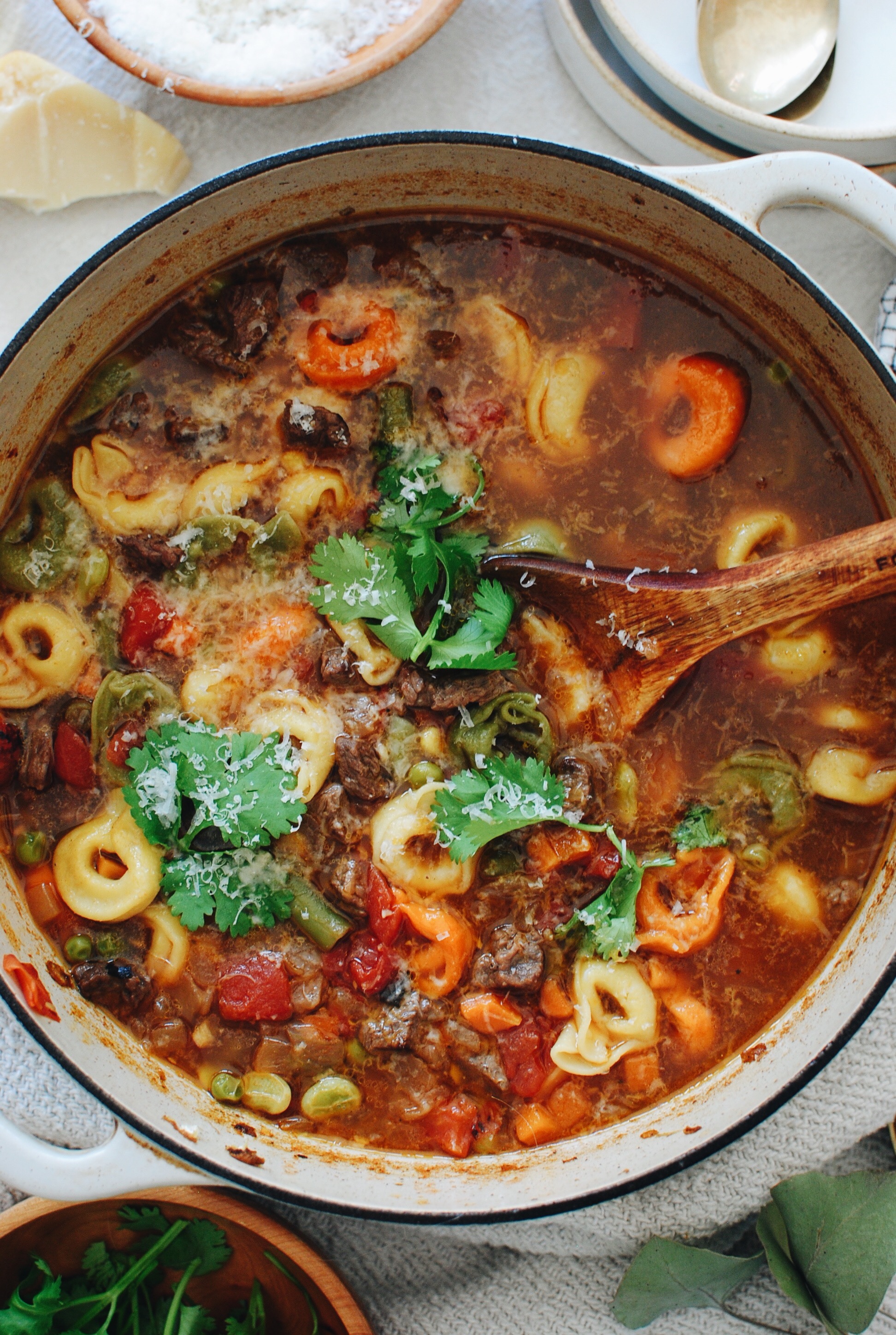 Tortellini Soup with Steak and Veggies / Bev Cooks