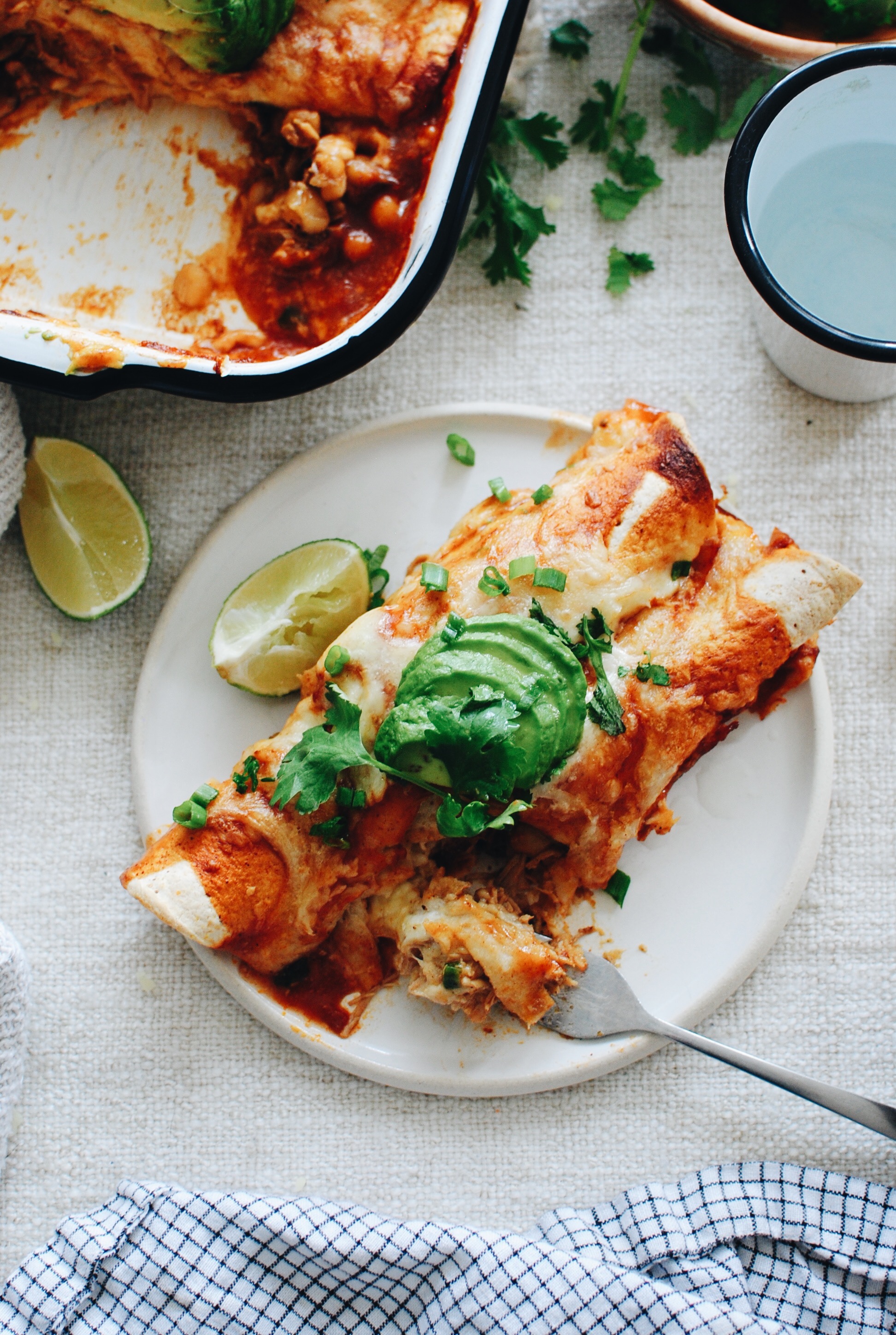 Shredded Pork and Hominy Enchiladas / Bev Cooks