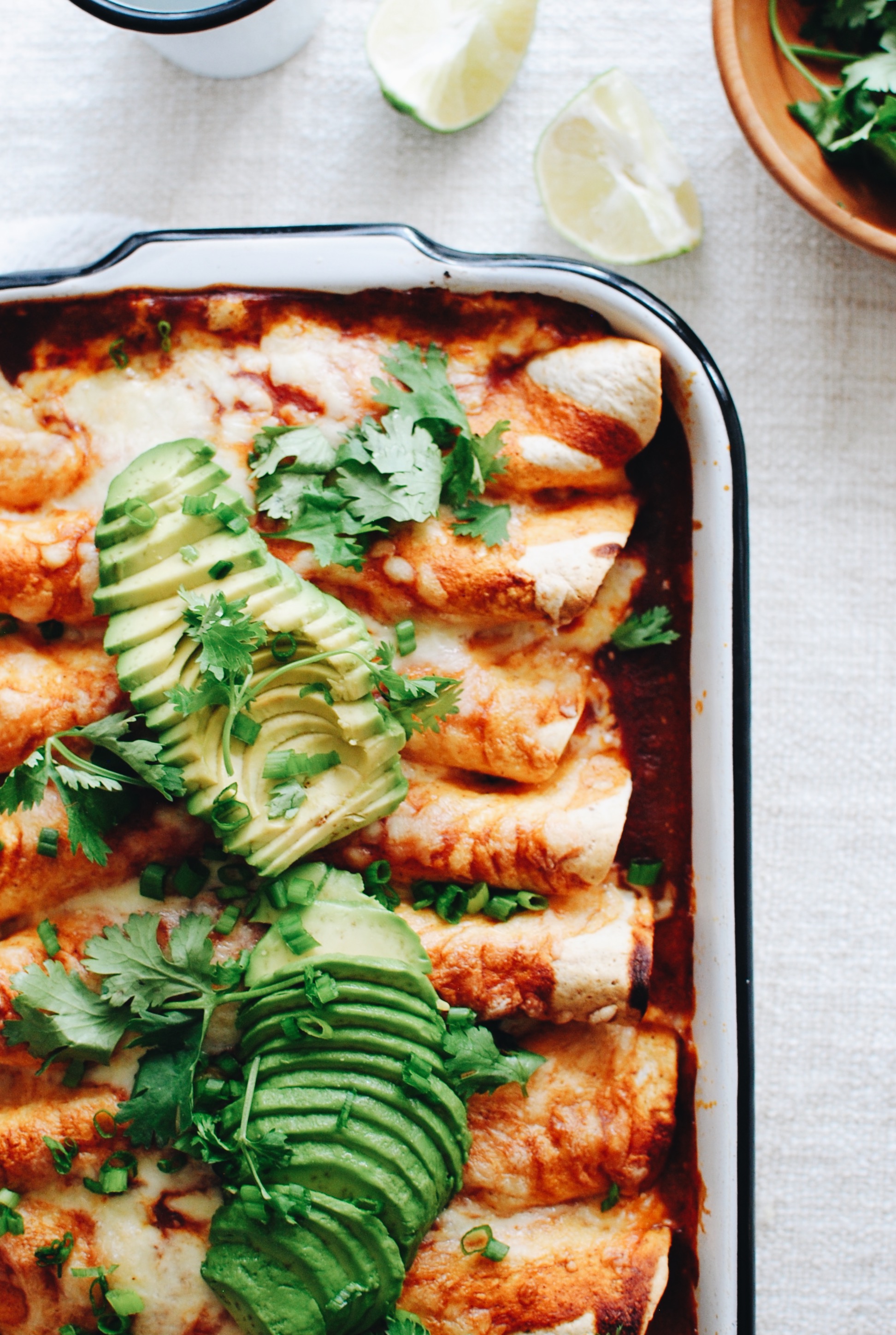 Shredded Pork and Hominy Enchiladas / Bev Cooks