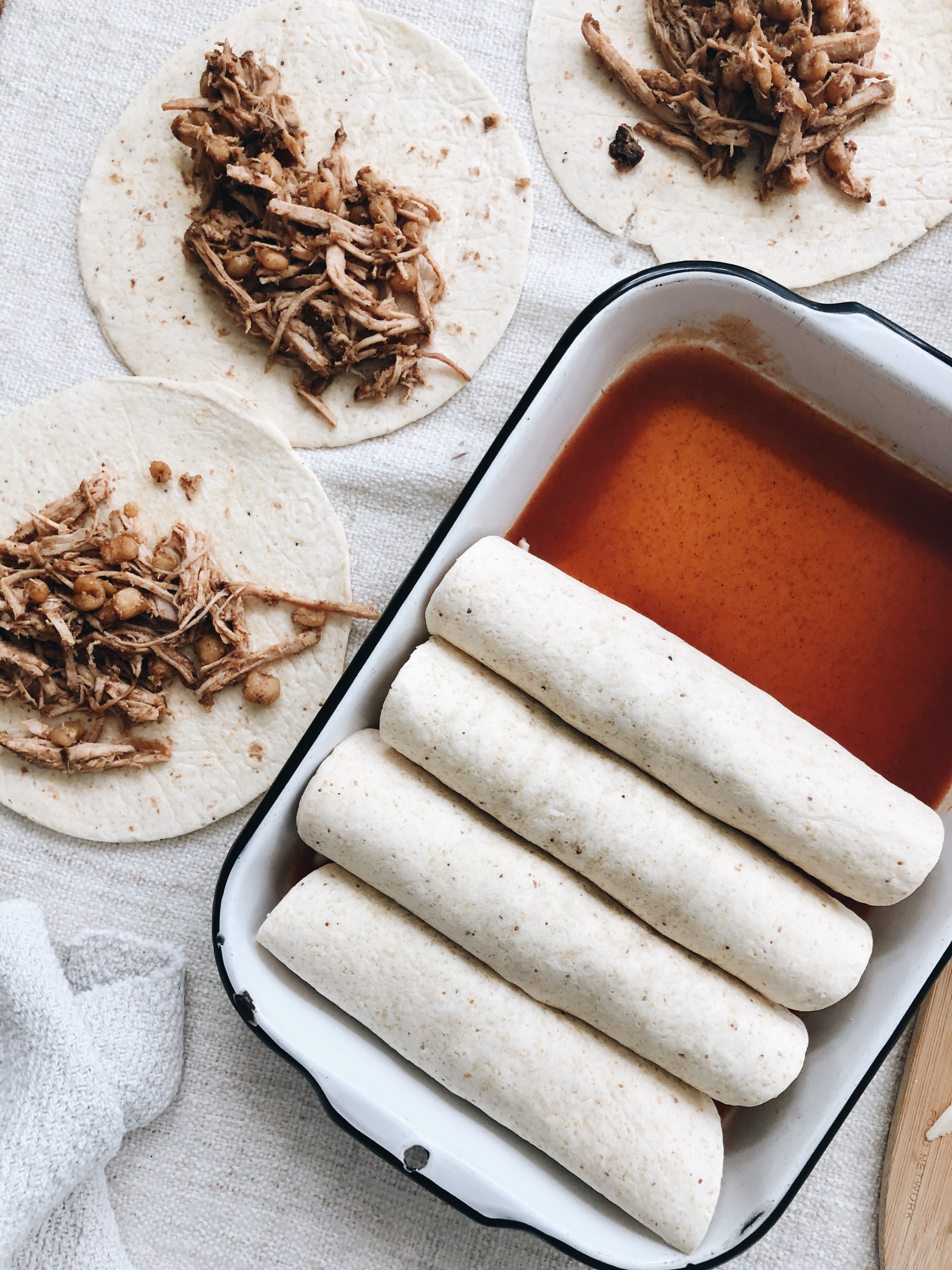 Shredded Pork and Hominy Enchiladas / Bev Cooks