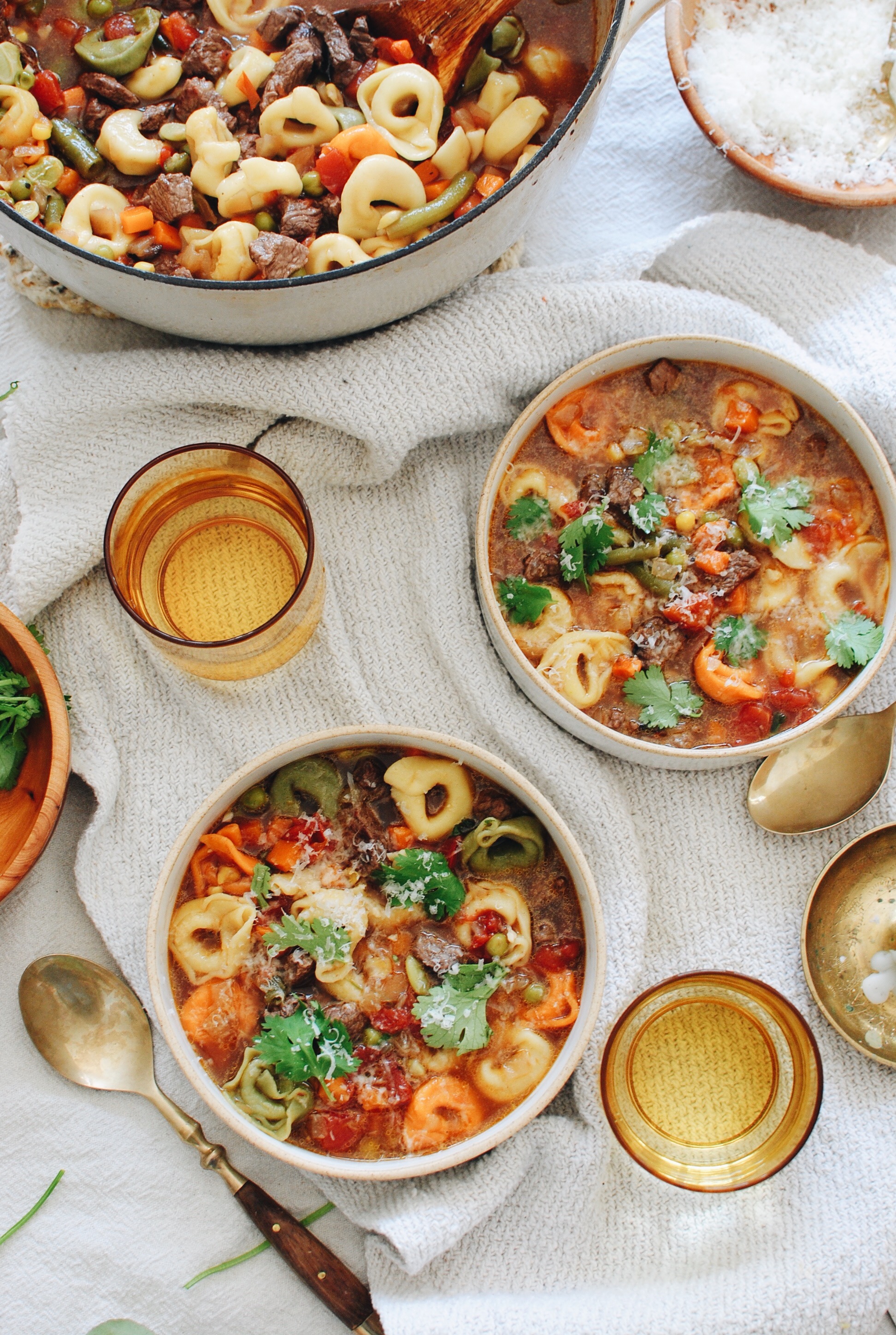 Tortellini Soup with Steak and Veggies / Bev Cooks