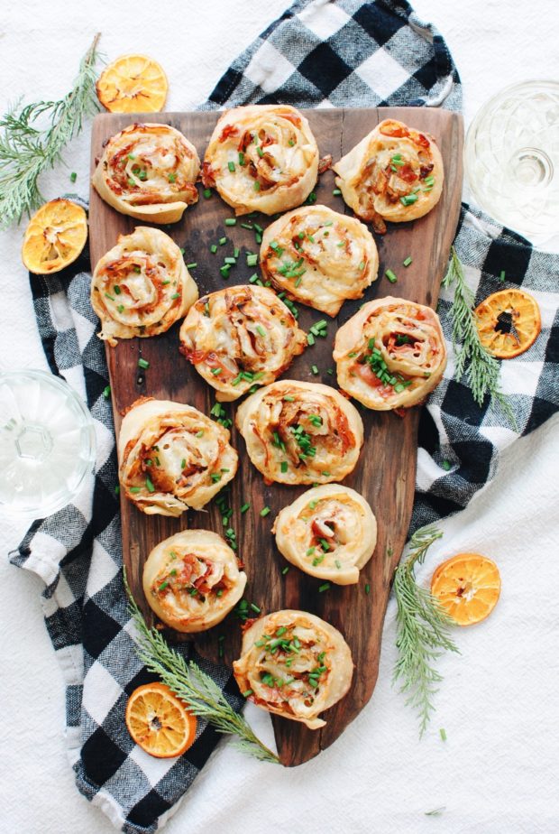 Baked Cheesy Pinwheels with Shallots and Prosciutto / Bev Cooks
