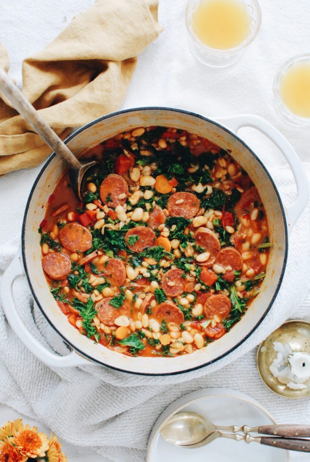Salami Soup with Farro, White Beans and Kale / Bev Cooks