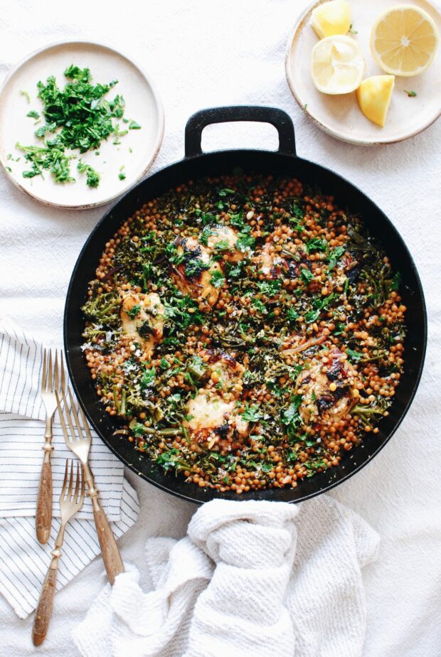 Skillet Chicken with Grains and Broccolini / Bev Cooks