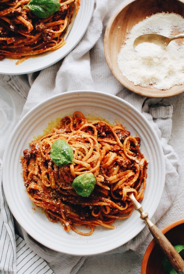 Slow-Roasted Tomatoes over Linguine with a Meat Sauce - Bev Cooks