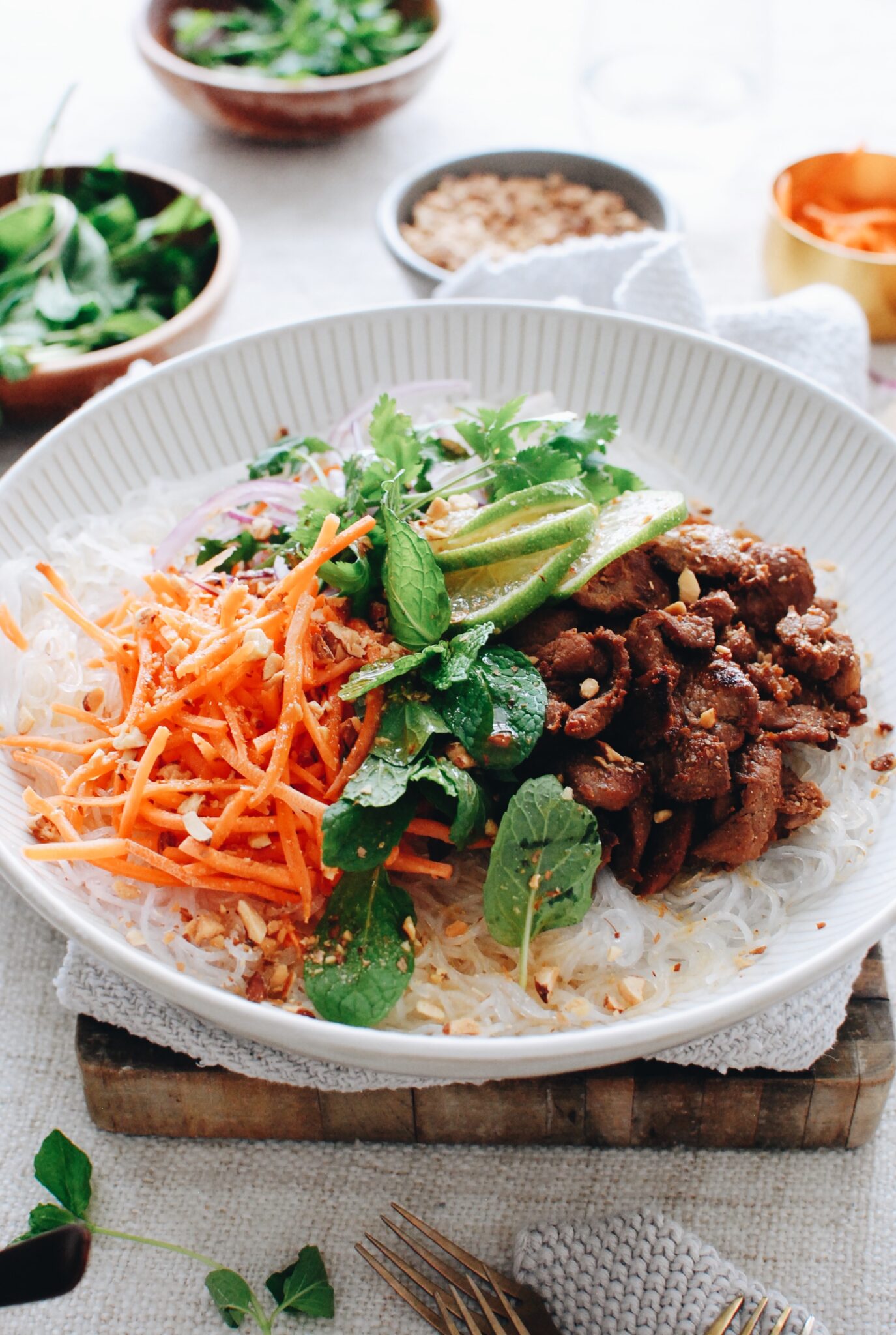 Asian Pork Bowls with Noodles and Veggies - Bev Cooks