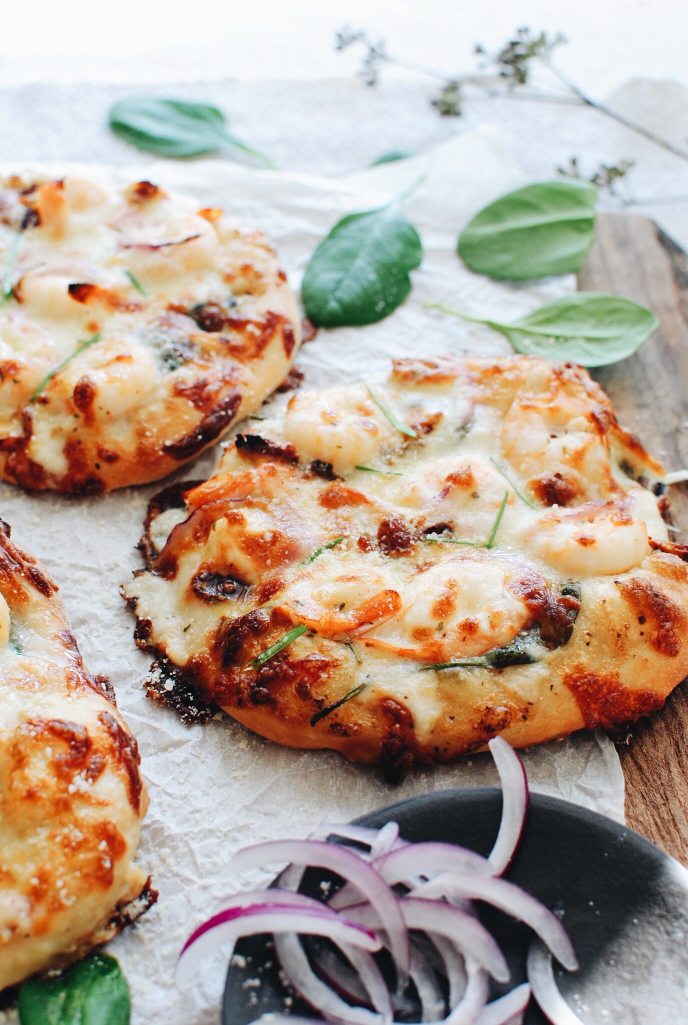 Ranch Shrimp and Spinach Pizzas - Bev Cooks