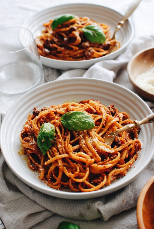 Slow-Roasted Tomatoes over Linguine with a Meat Sauce - Bev Cooks