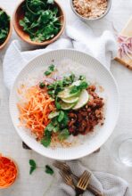 Asian Pork Bowls with Noodles and Veggies / Bev Cooks