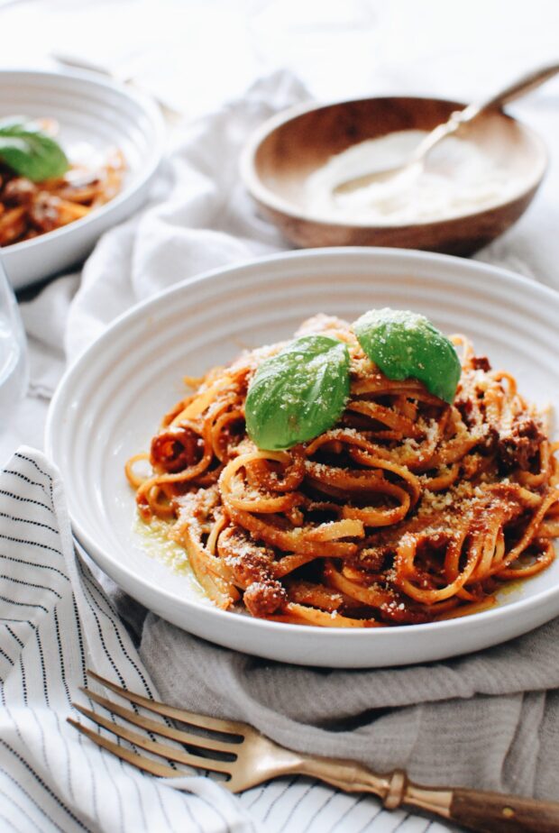 Slow-Roasted Tomatoes over Linguine with a Meat Sauce / Bev Cooks