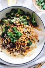 Skillet Orzo with Roasted Broccoli, Mushrooms and Chickpeas / Bev Cooks