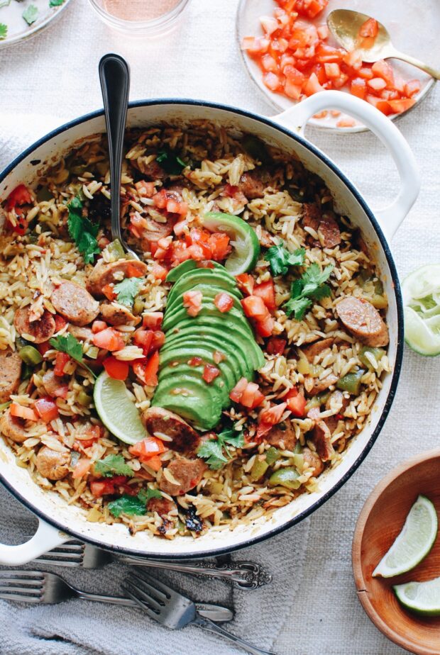 Skillet Tex-Mex Orzo with Jalapeno Chicken Sausages / Bev Cooks