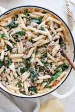 Creamy Penne with Tomatoes, Kale and Sausage / Bev Cooks
