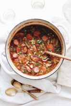 Lentil, Andouille Sausage and Swiss Chard Soup / Bev Cooks