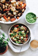 Roasted Vegetables over Gnocchi with a Beet Green Chimichurri / Bev Cooks
