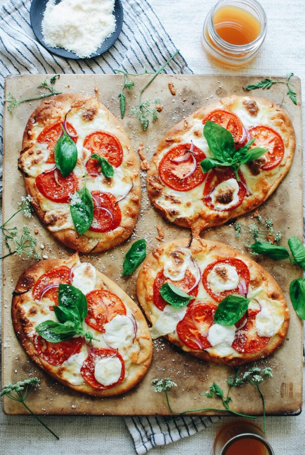 Caprese Naan Pizzas - Bev Cooks