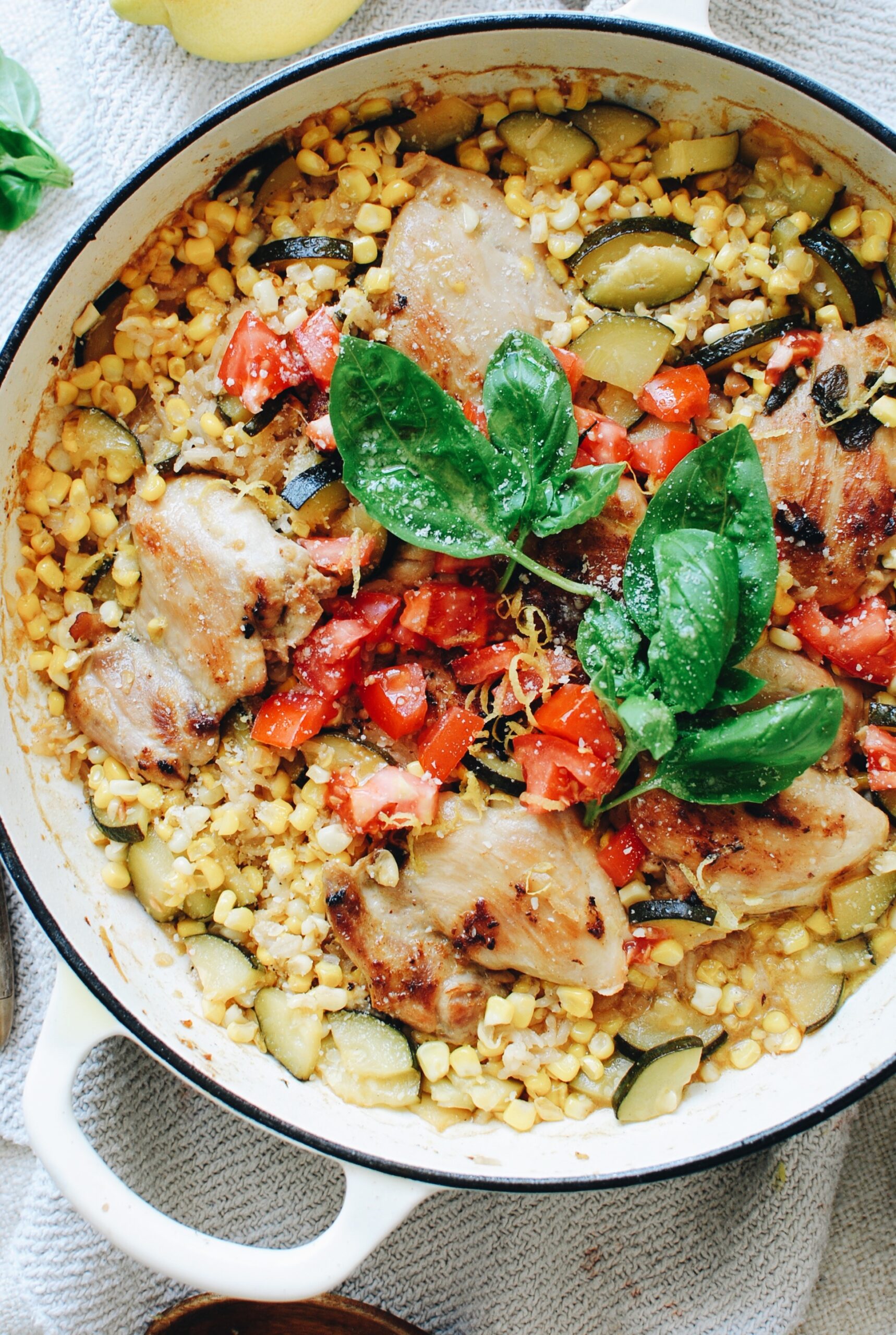 Skillet Chicken with Rice, Zucchini and Corn - Bev Cooks