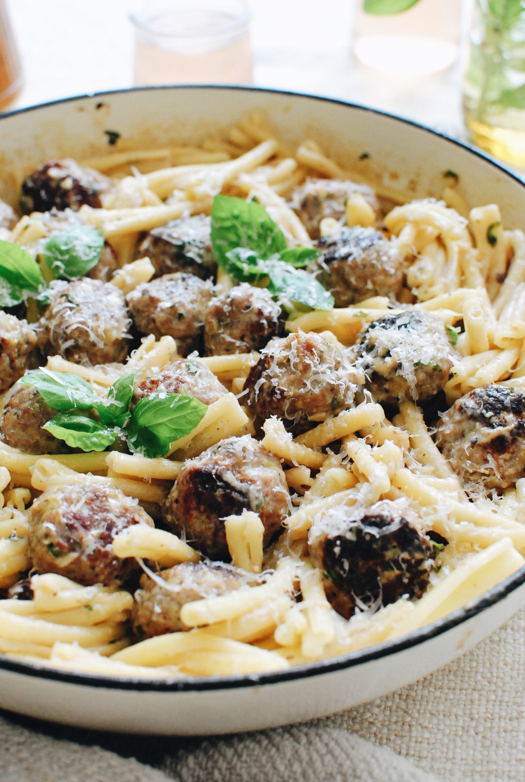 Pesto Turkey Meatballs with Pasta in a Creamy Basil Sauce - Bev Cooks