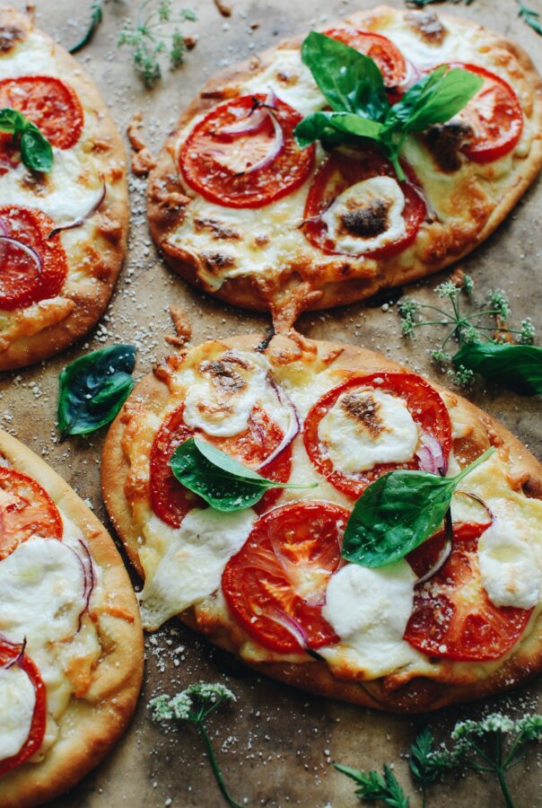 Caprese Naan Pizzas - Bev Cooks