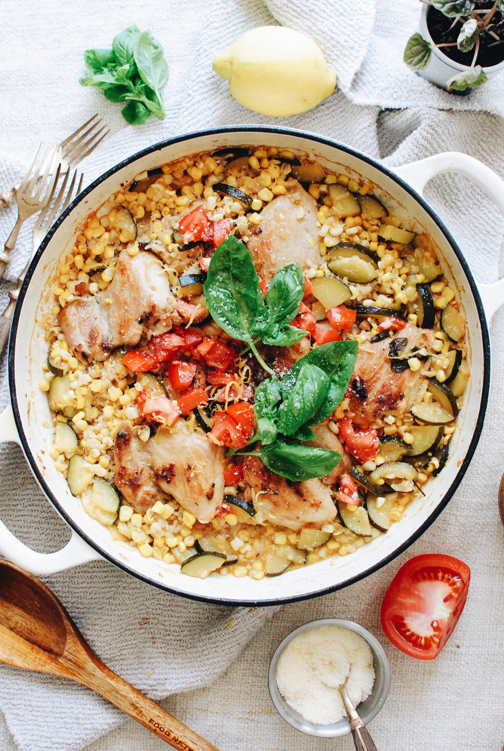 Skillet Chicken with Rice, Zucchini and Corn - Bev Cooks