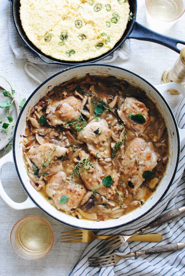 Braised Chicken with Mushrooms and Shallots / Bev Cooks