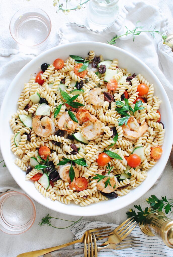 Greek Shrimp Pasta Salad - Bev Cooks