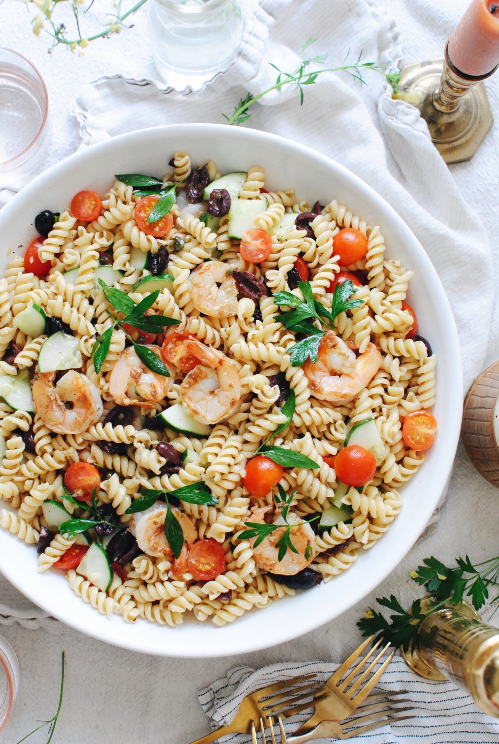 Greek Shrimp Pasta Salad - Bev Cooks