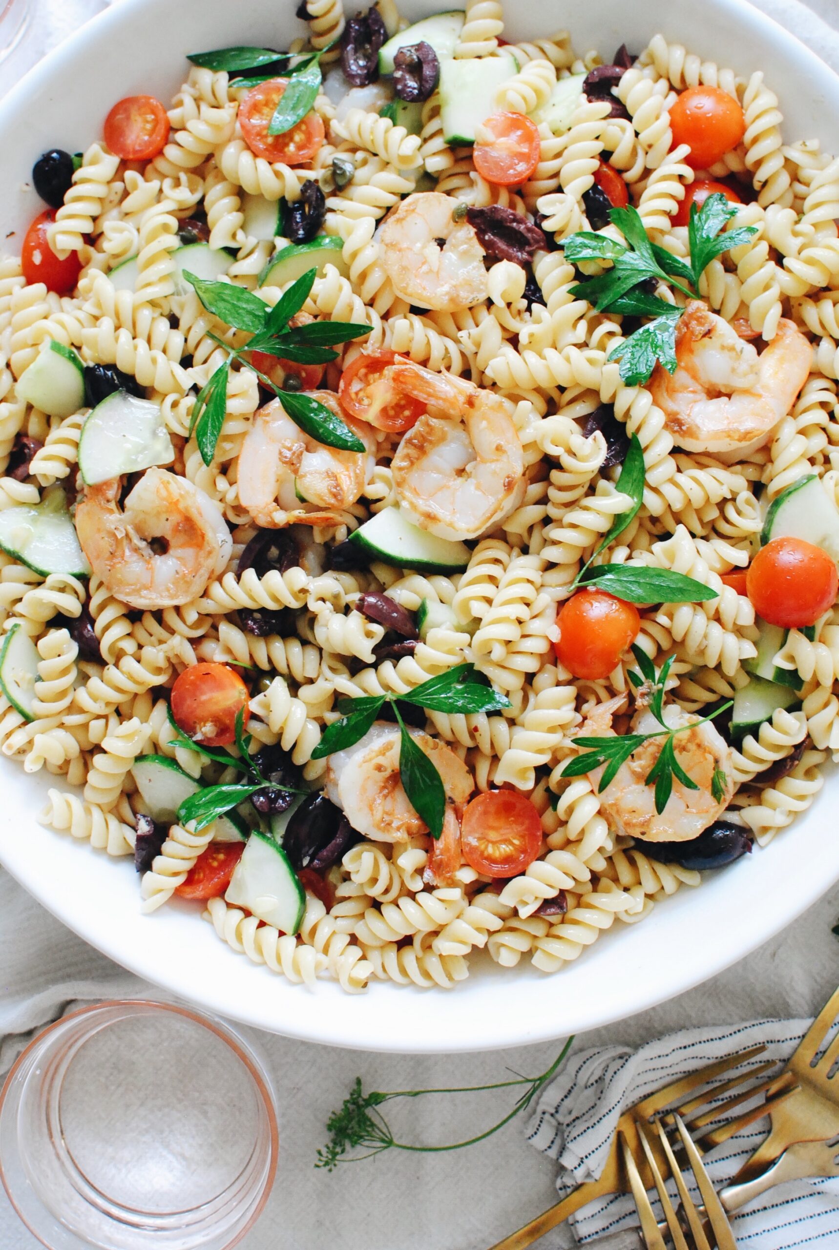 Greek Shrimp Pasta Salad - Bev Cooks