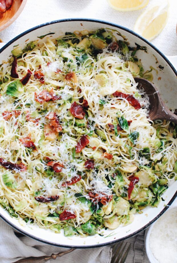 Sautéed Brussels Sprouts with Angel Hair and Pancetta / Bev Cooks