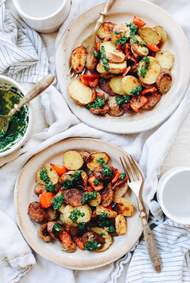 Sheet Pan Dinner with Sausages, Peppers and Potatoes - Bev Cooks