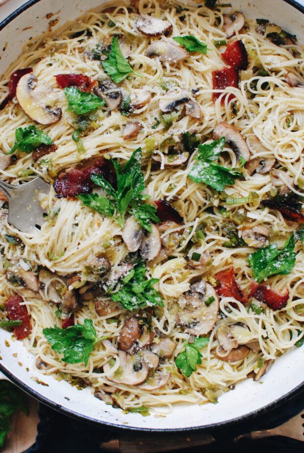 Angel Hair Pasta with Bacon, Mushrooms and Leeks / Bev Cooks