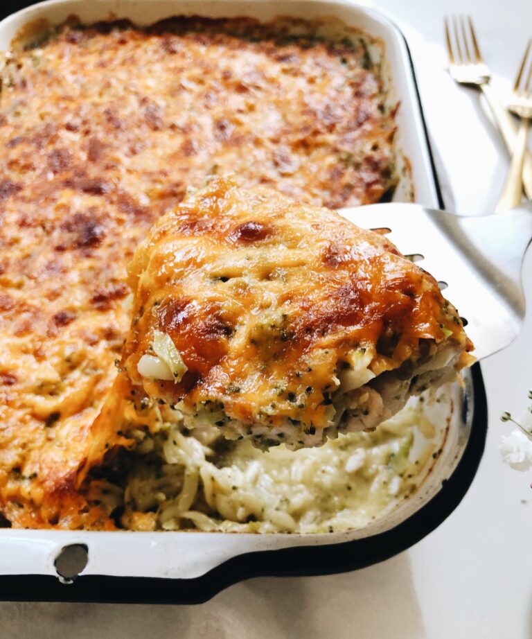 Chicken and Broccoli Orzo Bake - Bev Cooks