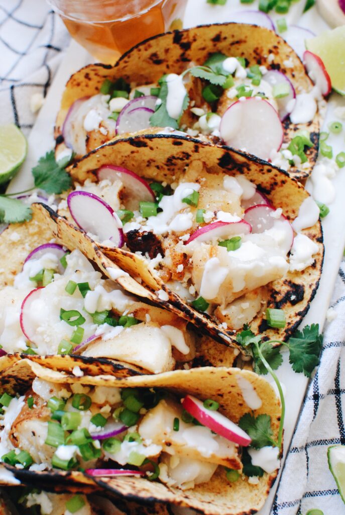 Simple Fish Tacos with Radishes and a Greek Yogurt Drizzle - Bev Cooks