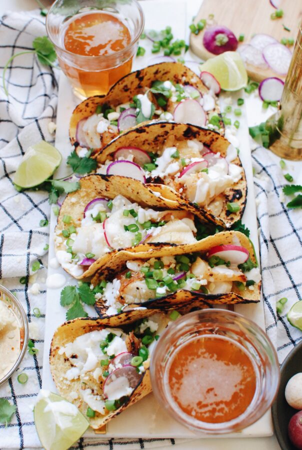 Simple Fish Tacos with Radishes and a Greek Yogurt Drizzle - Bev Cooks