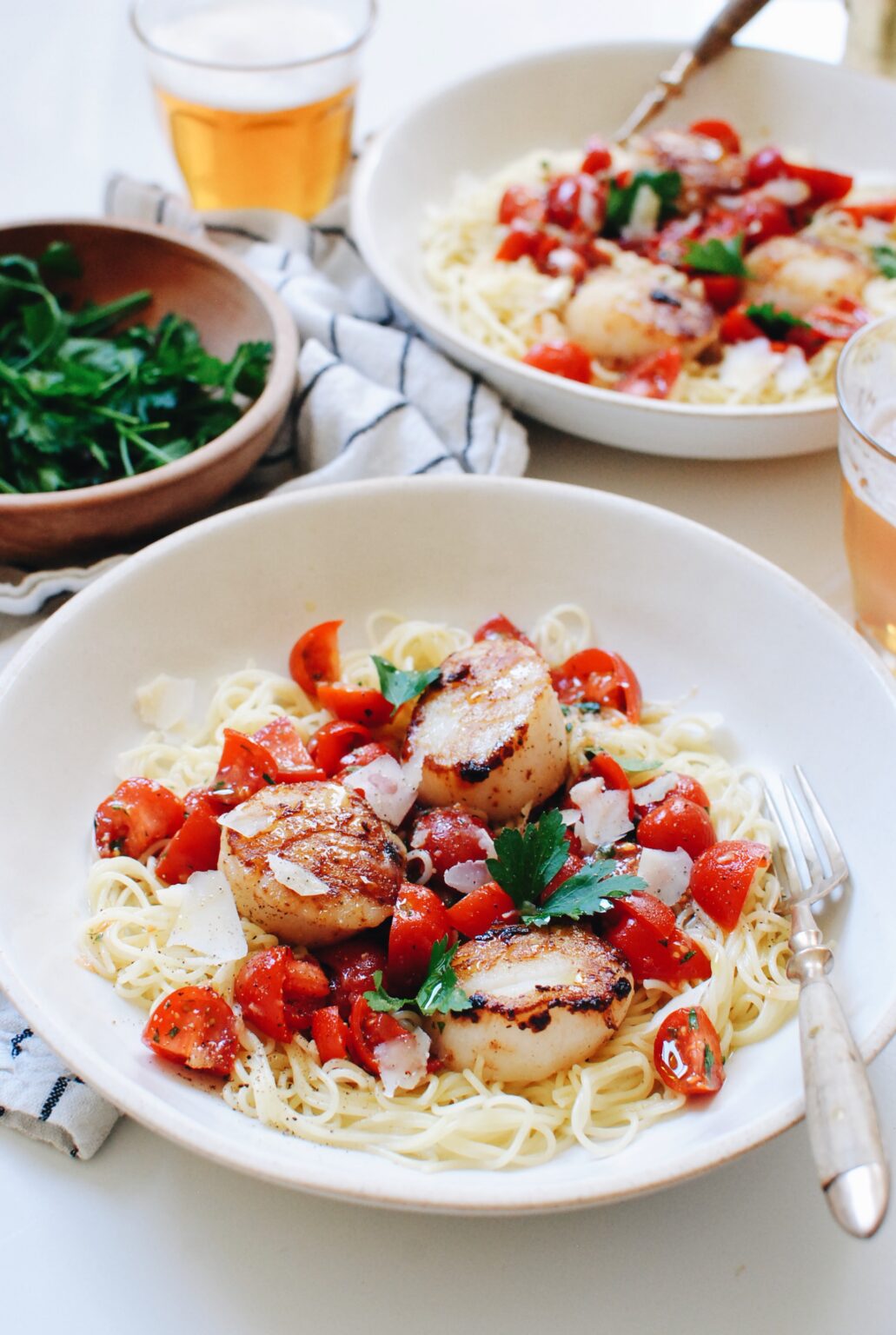 Angel Hair Pasta With Marinated Tomatoes And Seared Scallops Bev Cooks