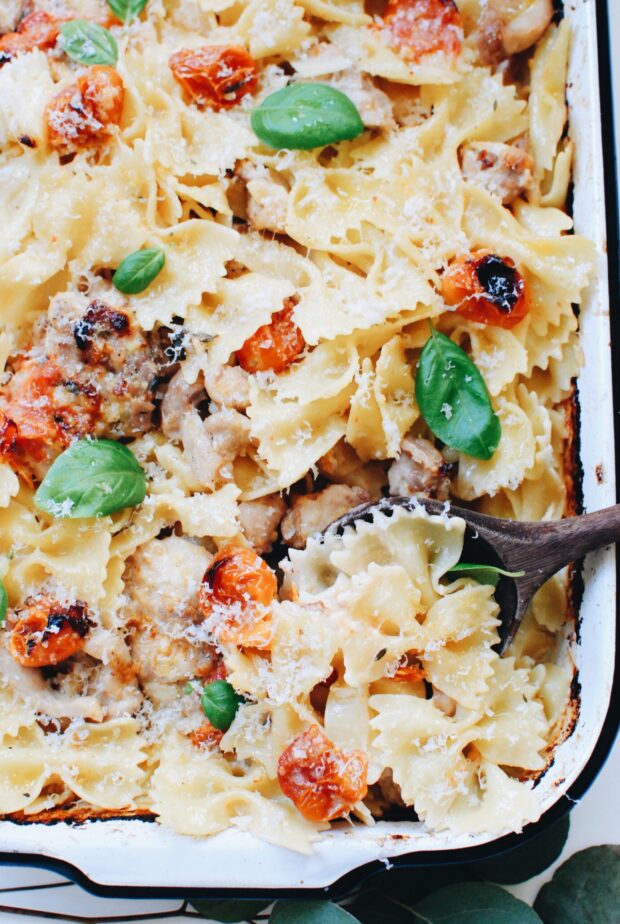 Creamy Bowtie Pasta with Chicken and Tomatoes / Bev Cooks