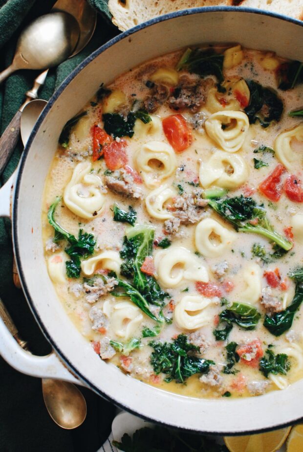 Creamy Tortellini Soup with Sausage and Kale / Bev Cooks