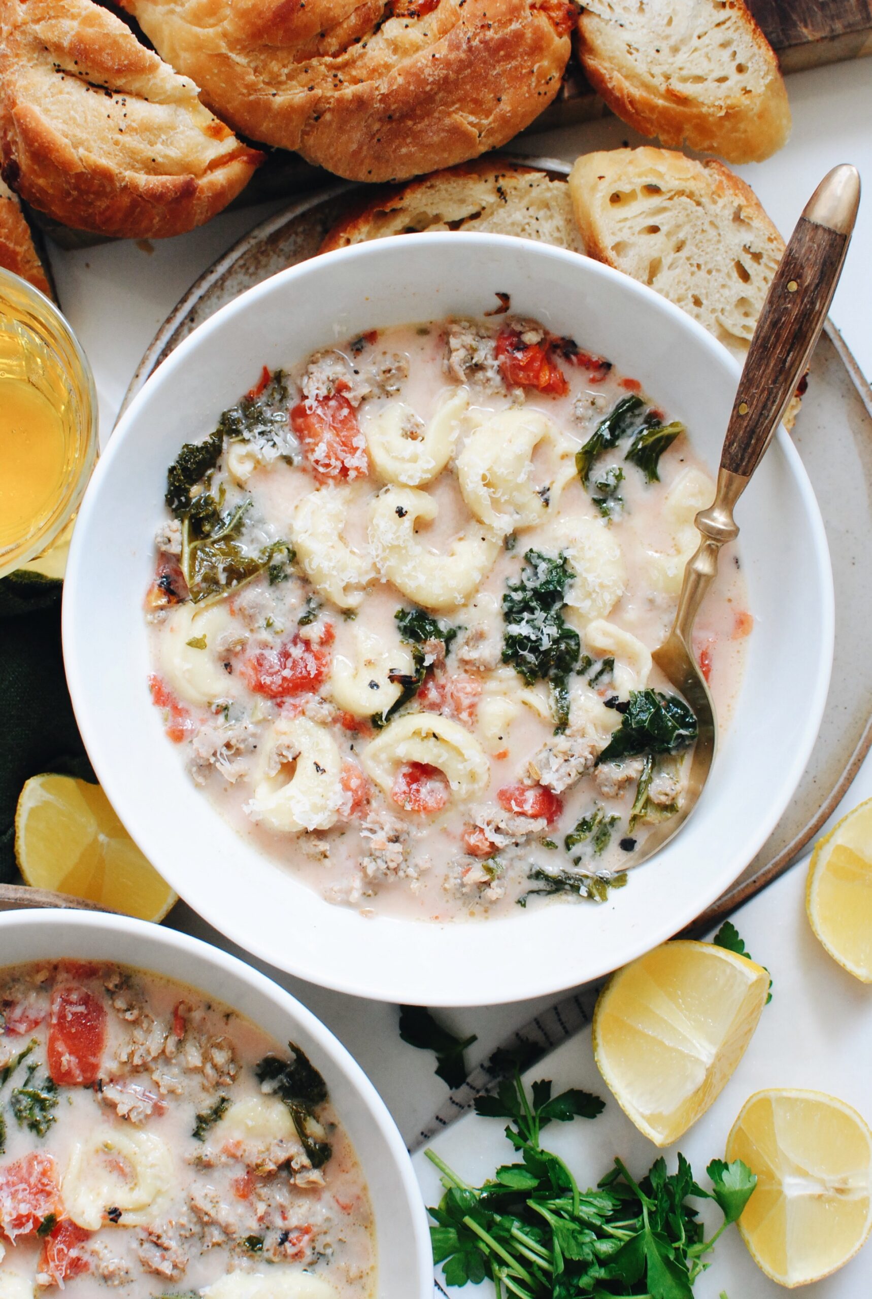 Creamy Tortellini Soup with Sausage and Kale - Bev Cooks