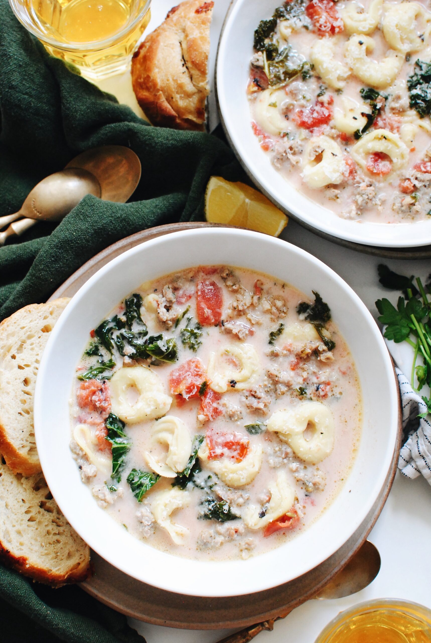 Creamy Tortellini Soup with Sausage and Kale - Bev Cooks