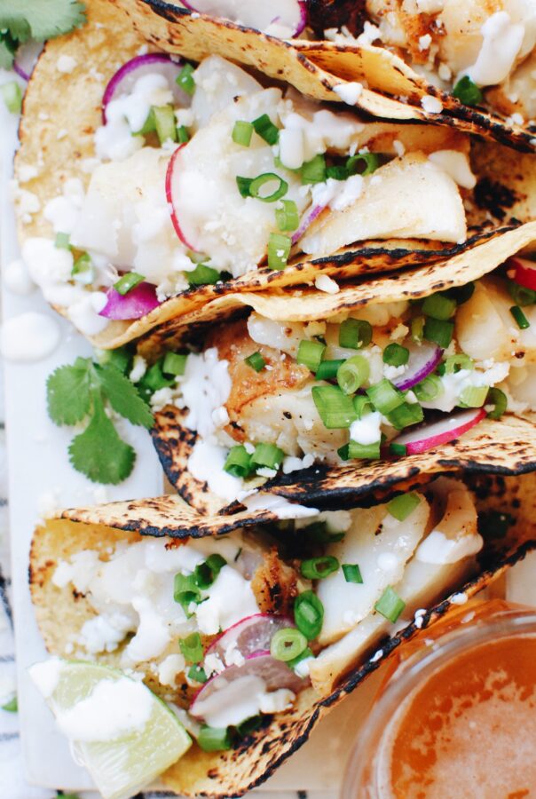 Simple Fish Tacos with Radishes and a Greek Yogurt Drizzle / Bev Cooks ...