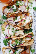 Simple Fish Tacos with Radishes and a Greek Yogurt Drizzle / Bev Cooks