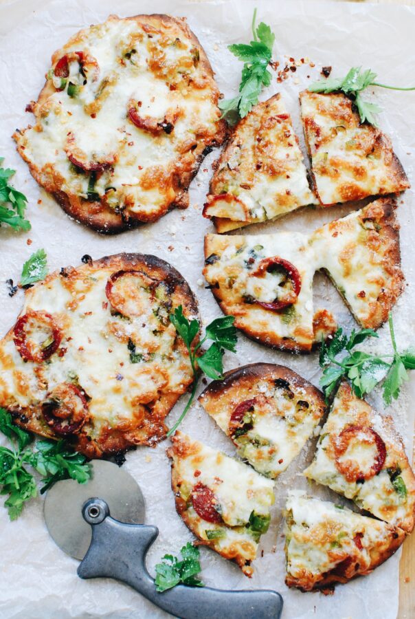 Mini Leek and Pepperoni Naan Pizzas - Bev Cooks